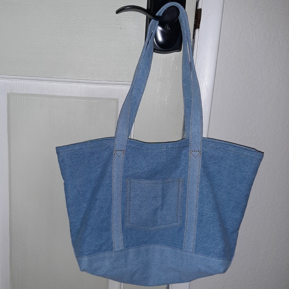 Denim Brandy Melville Tote Market Bag 2-Handle Magnet Closure Pocket 100% Cotton